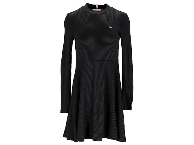 Tommy Hilfiger Damen Geripptes Fit-and-Flare-Kleid aus schwarzer Viskose Zellulosefaser  ref.1297747