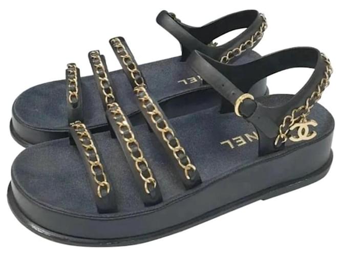 Chanel Calfskin Chain Platform Sandals Black Leather  ref.1297774