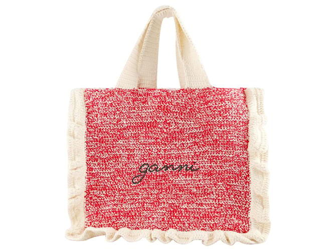 Crochet Frill Shopper Bag - Ganni - Cotton - Pink White  ref.1298235