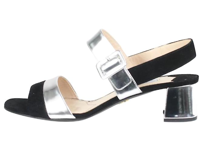 Prada Black and silver sandal heels - size EU 37.5 Suede  ref.1298418