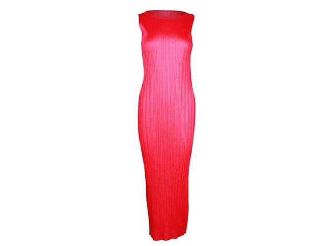 Pleats Please Raspberry/ Fuchsia Pleated Long Dress Pink Polyester  ref.1298440