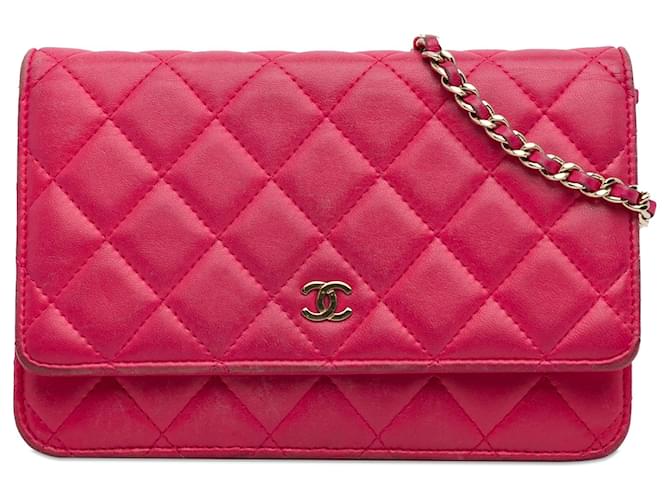 Wallet On Chain Chanel – Klassische Geldbörse aus Lammleder mit Kette in Rosa Pink  ref.1298481