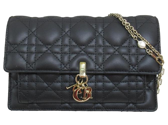 Dior Black Lambskin Cannage My Dior Daily Wallet on Chain Leather  ref.1298547