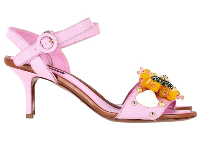 Dolce & Gabbana Sandalias de tacón bajo con adornos en cuero rosa  ref.1298617