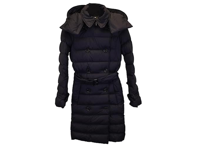 Burberry Belted Hooded Double-Breasted Quilted Shell Down Coat in Black Nylon Polyamide  ref.1298676
