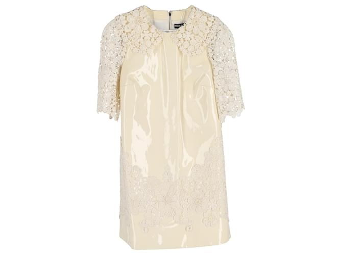 Dolce & Gabbana Vestido con ribete de encaje en charol color crema Blanco Crudo Cuero  ref.1298711