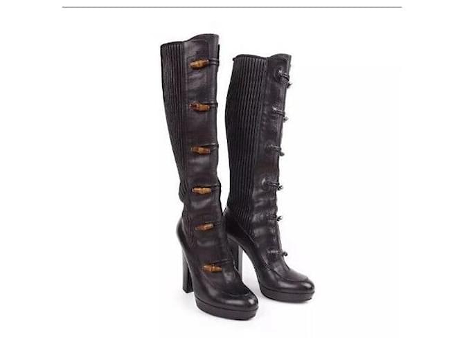 Gucci Kniehohe Stiefel mit hohem Absatz aus schwarzem Leder, Bambusschnalle und Steppmuster.  ref.1298823
