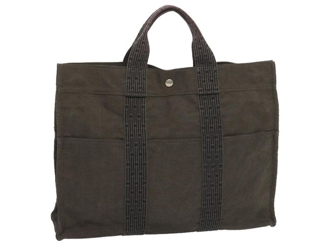 Hermès HERMES Her Line MM Tote Bag Canvas Grigio Auth hk1144 Marrone
