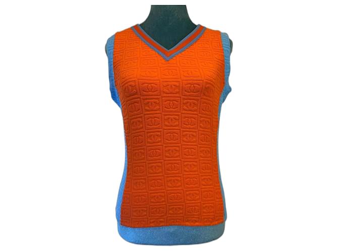 Chanel 02P CC Terry Logos Blouse Tank Top Shirt FR 42 en orange et bleu turquoise Polyamide  ref.1298978