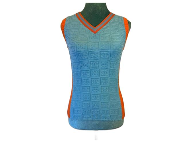Chanel 02P CC Terry Logos Blouse Tank Top Shirt FR 42 in Turquoise Blue and Orange Polyamide  ref.1298979