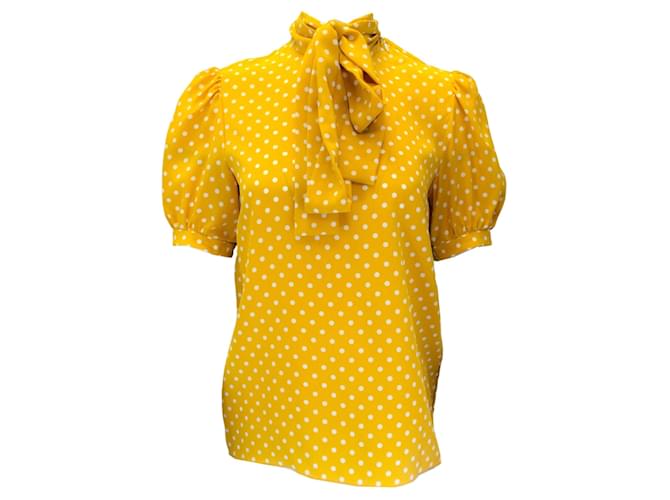 Autre Marque Celine Marigold Yellow / Ivory Polka Dot Printed Tie-Neck Short Sleeved Silk Blouse  ref.1299107
