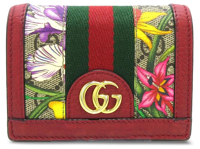Petit portefeuille rouge Gucci GG Supreme Flora Ophidia Cuir Toile Veau façon poulain Tissu  ref.1299419