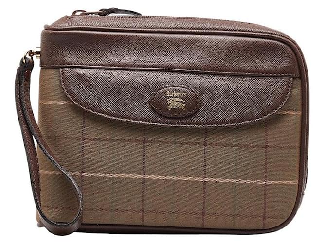 Burberry Canvas Leder Check Pouch Clutch in sehr gutem Zustand Braun Leinwand  ref.1299605