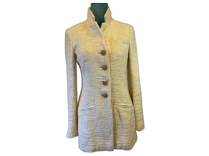 Chanel 12A Paris-Bombay Runway Ivory Ecru Cotton Tweed Blazer Long Jacket FR 38 Beige Silk  ref.1299729