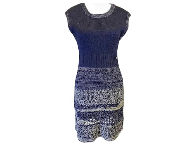 Robe sans manches en crochet tricoté Chanel Marine FR 36 Coton Viscose Multicolore Bleu Marine  ref.1299734