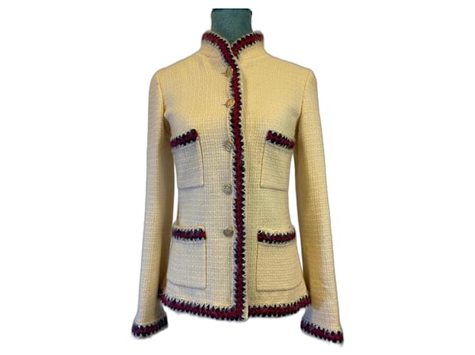 Veste Chanel 10A Paris-Shanghai en laine avec bordure tressée ivoire, taille 38 FR Soie Rouge Bleu Beige  ref.1299740