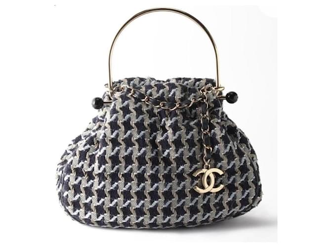 Rara borsa a manico superiore in tweed della sfilata Chanel 05P Nero Beige Blu navy Oro  ref.1299751