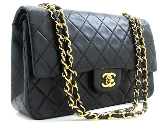 Chanel Classic gefütterte Klappe 10"Chain Shoulder Bag Black Lambskin Schwarz Leder  ref.1299859