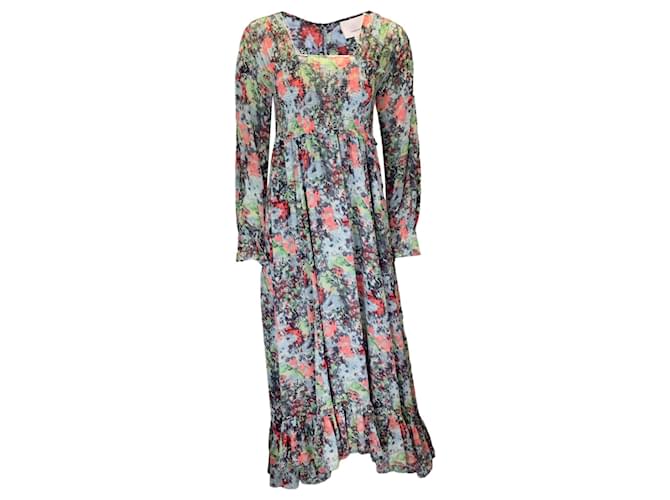 Autre Marque Cinq a Sept Blue / Red Multi Floral Printed Puckered Maxi Dress Multiple colors Polyester  ref.1300529