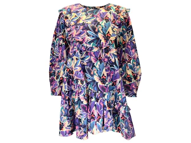 Autre Marque Kika Vargas Purple Multi Printed Ruffled Long Sleeved Cotton Dress Multiple colors  ref.1300534