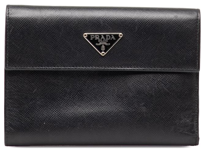 Schwarzes, dreifach gefaltetes, kompaktes Portemonnaie aus Saffiano-Stoff von Prada Leder  ref.1300582