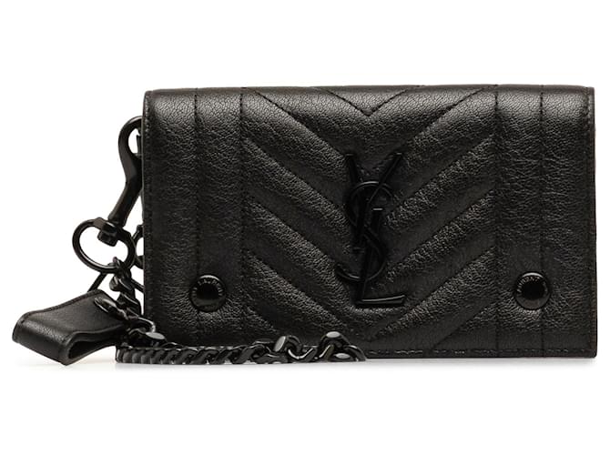 Black Saint Laurent Classic Monogram Matelasse Short Chain Flap Wallet Clutch Bag Leather  ref.1300586
