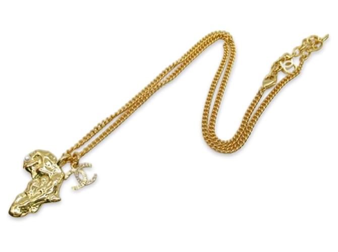 Gold Chanel Faux Pearl & Strass Africa Map Pendant Necklace Golden  ref.1300605