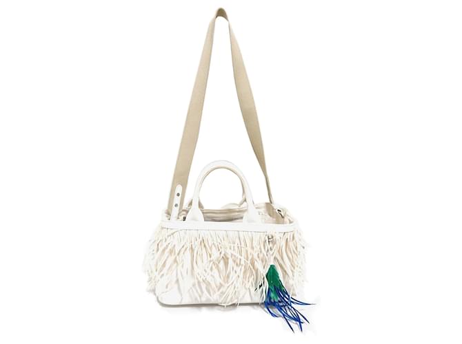 White Prada Feather-Trimmed Canapa Satchel Cloth  ref.1300630