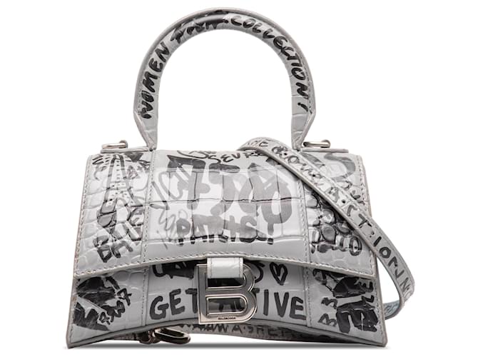 Gray Balenciaga XS Hourglass Graffiti Top Handle Bag Satchel Leather  ref.1300742