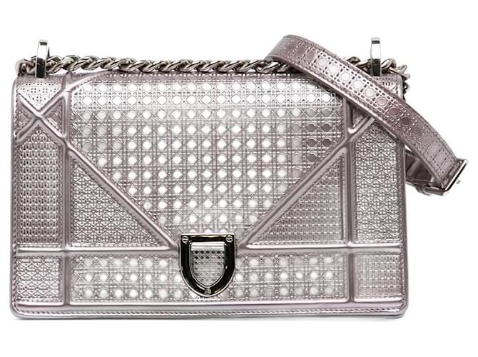 Silver Dior Patent Microcannage Diorama Crossbody Bag Silvery Leather  ref.1300745