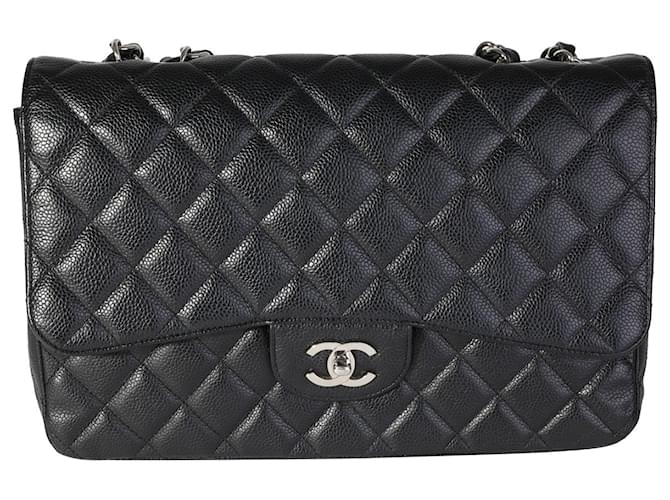 Timeless Chanel Black Quilted Caviar Jumbo Classic Single Flap Bag Schwarz Leder  ref.1301067