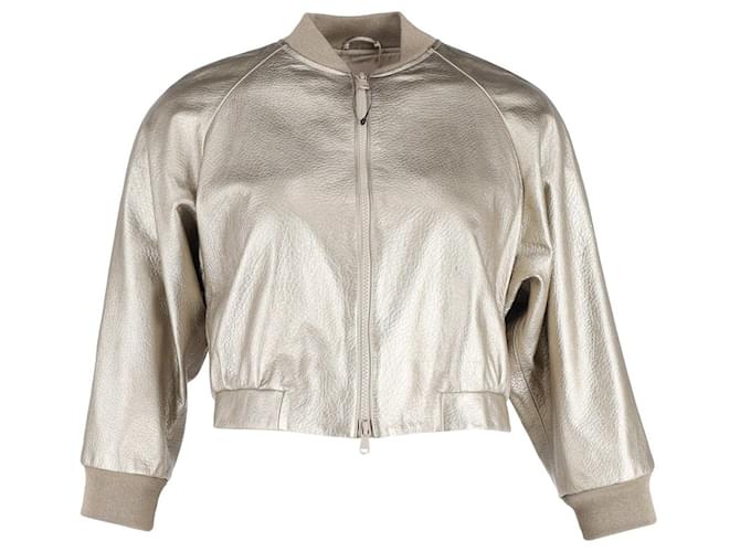 Brunello Cucinelli Cropped Bomber Jacket in Gold Leather Golden  ref.1301312