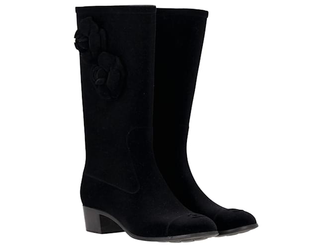 Timeless Chanel Camellia High Boots in Black Velvet  ref.1301335