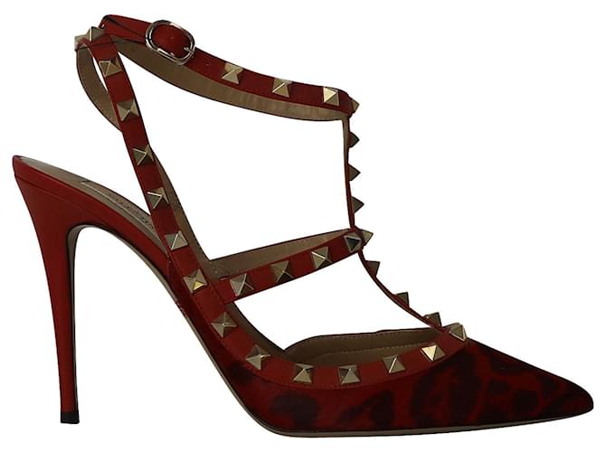 Valentino Garavani Leopard Print Caged Rockstud Pumps in Red calf leather Leather Pony-style calfskin  ref.1301347