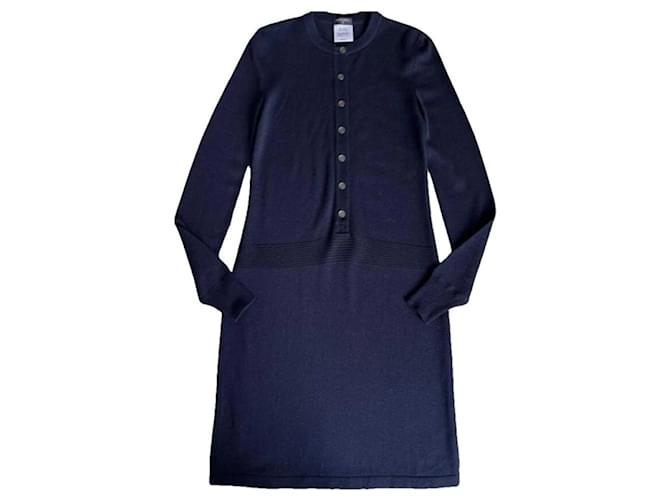 Chanel Logo CC Button Dress Blue Wool  ref.1301571