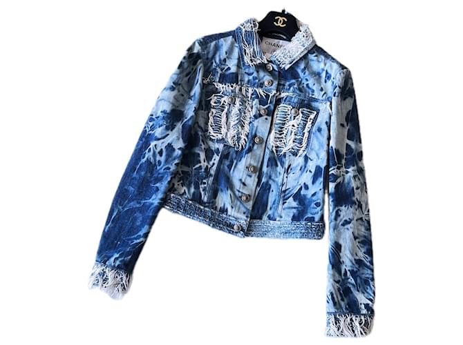 Chanel Jaqueta de ganga com franjas e botões CC raros. Azul John  ref.1301575