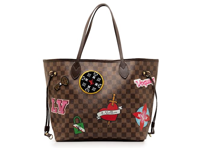 Brown Louis Vuitton Damier Ebene Neverfull Patches MM Tote Bag Leather  ref.1301625