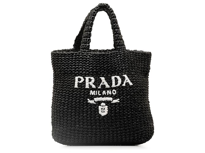 Black Prada Small Raffia Logo Tote Wicker  ref.1301640