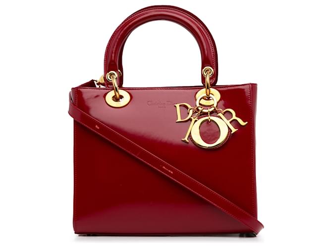 Borsa Lady Dior media in vernice rossa Dior Rosso Pelle  ref.1301653