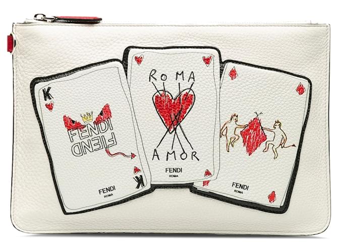 White Fendi Roma Playing Cards Zip Clutch Leather  ref.1301677
