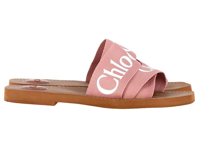 Chloé Chloe Logo Ribbon Woody Flat Slide Sandals in Pink Canvas  Cloth  ref.1301775