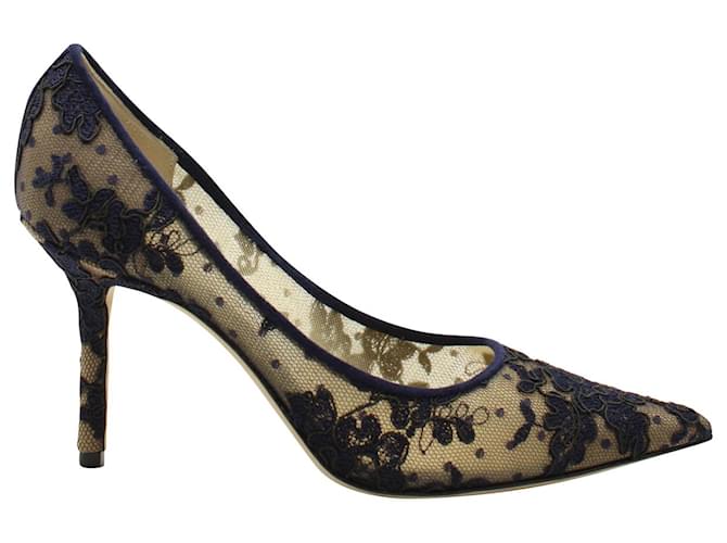 Jimmy Choo Love Lace Pointed Toe Pumps in Navy Blue Leather  ref.1301788