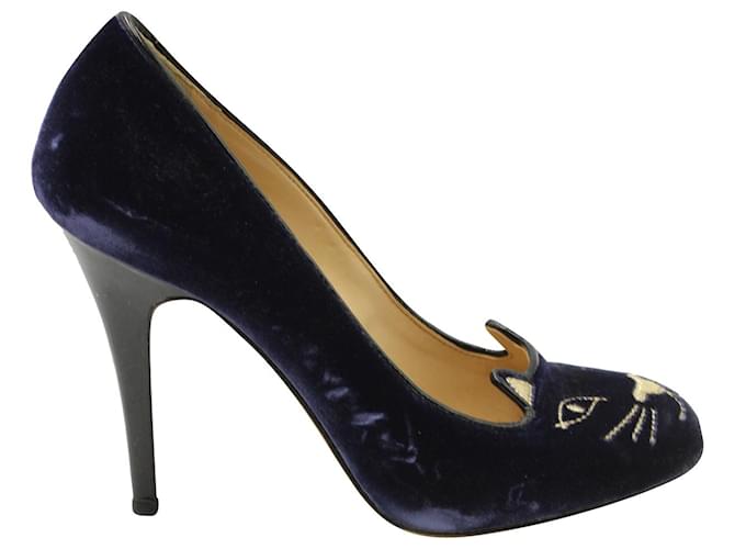 Zapatos de tacón Charlotte Olympia Kitty en terciopelo azul  ref.1301796