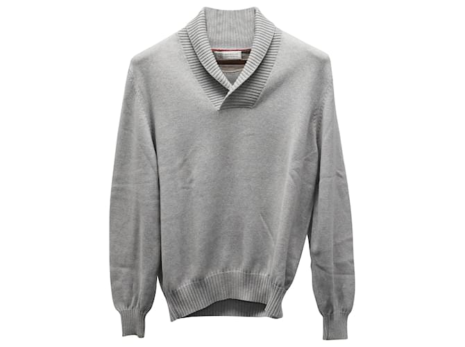 Gerippter V-Ausschnitt-Pullover von Brunello Cucinelli aus grauer Baumwolle   ref.1301835