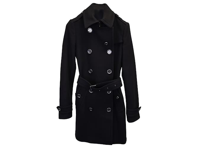 Burberry Brit Belted Double-Breasted Trench Coat in Black Wool  ref.1301880
