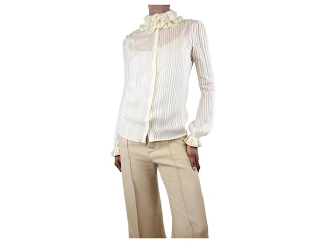 Saint Laurent Camisa creme de seda listrada com babados - tamanho Reino Unido 8 Cru  ref.1302013