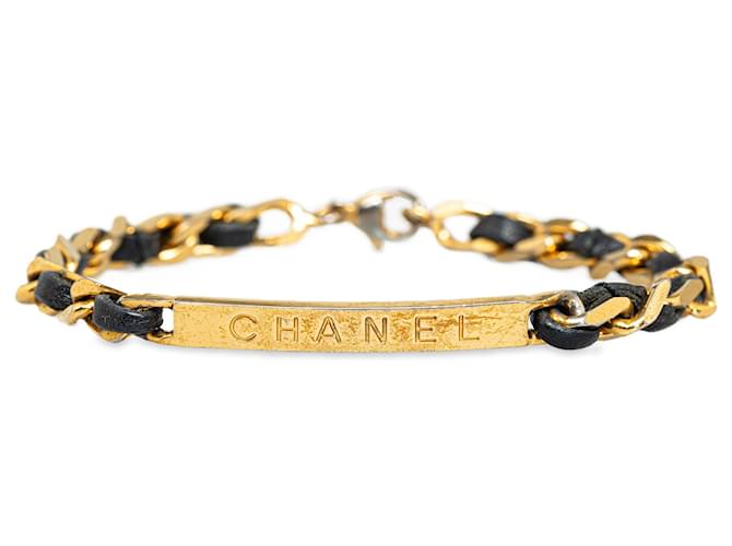Chanel Gold Leder gewebtes Kettenarmband Schwarz Golden Metall Kalbähnliches Kalb Vergoldet  ref.1302020