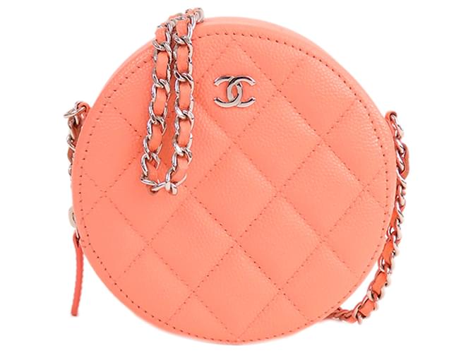 Chanel – Gesteppte, runde Caviar-Clutch mit Kette in Rosa Pink Leder  ref.1302082