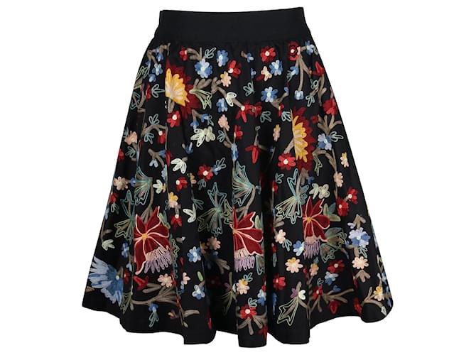 Alice + Olivia Floral Embroidered Skirt in Black Cotton  ref.1302131