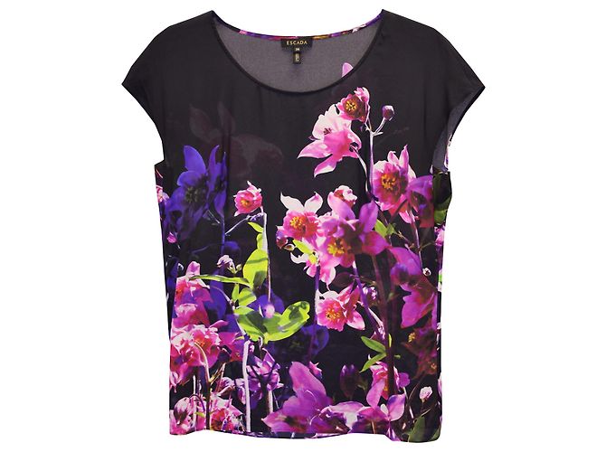 Escada Floral Cap Sleeve Top aus schwarzer Seide